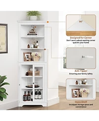 Farmhouse Corner Cabinet, 63 Inches Tall Freestanding Hutch with Glass Beadboard Doors, Adjustable Shelves, Pantry Storage Cabinet for Kitchen