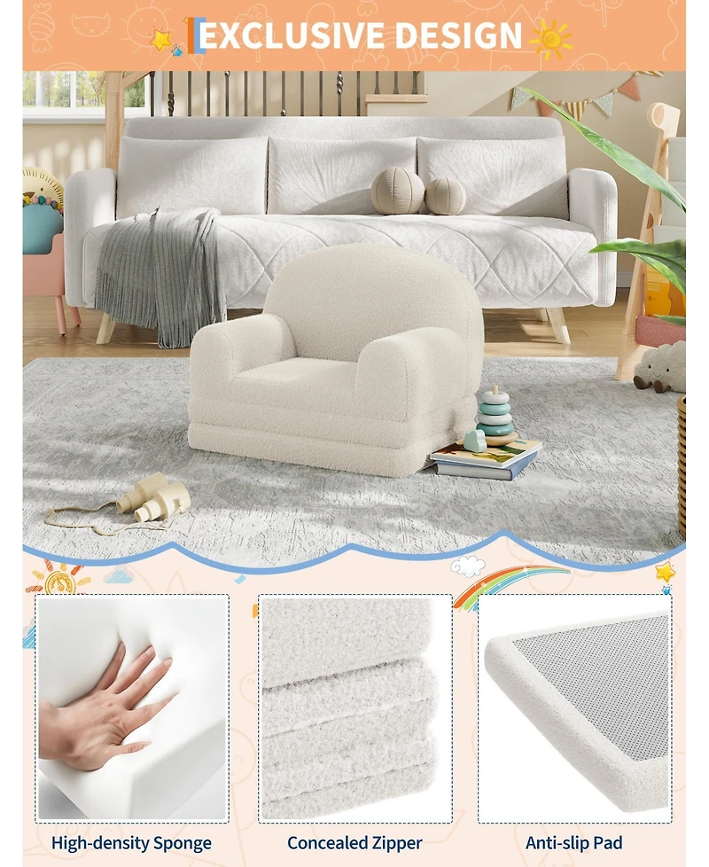 Convertible Kids Sofa, 2-in-1 Fold Out Kids Lounge Chair and Toddler Soft Couch for Playroom Nursery