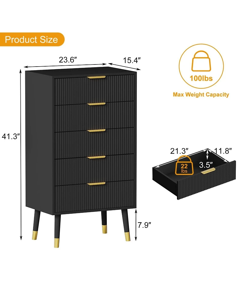 24 x 15 x 42.5 in 2-Pack 5-Drawer Chest with Gold Legs, Engineered Wood Dresser Storage for Bedroom Hallway Living Room, Black