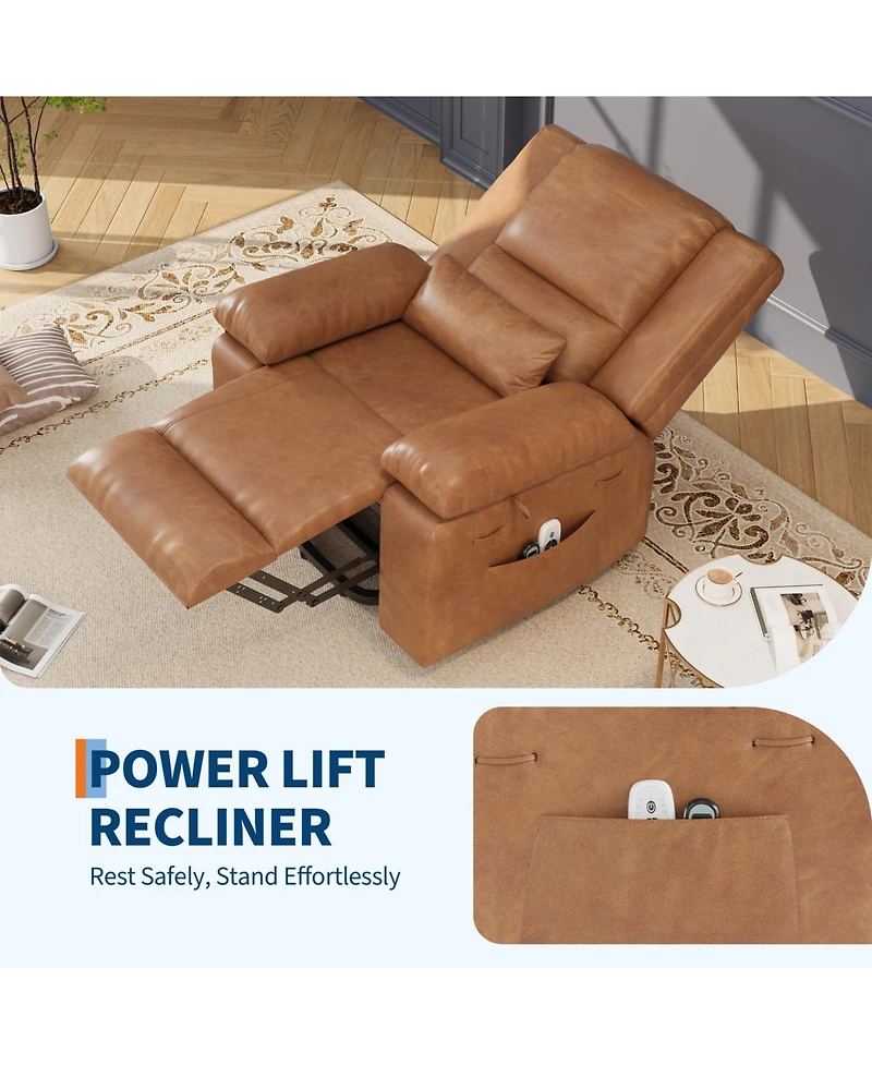 Power Lift Recliner with Heat and Massage, Pu Leather Electric Chair for Seniors,Brown