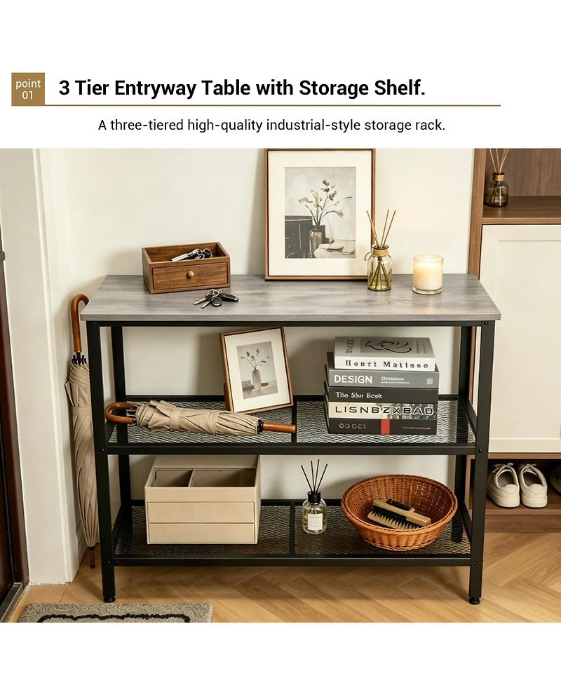 40" Industrial 3-Tier Console Table with Mesh Shelves, Rustic Grey and Black Metal Frame