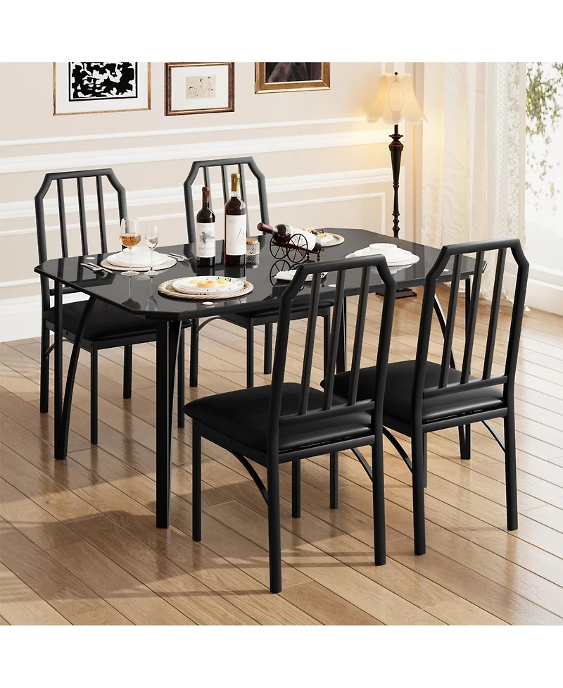 Dining Table Set 5 Piece Black Glass Top with 4 Upholstered Chairs Space Saving Compact Design Chamfered Edges for Kitchen Dining Room Apartment