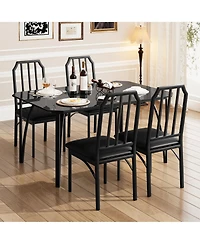 Dining Table Set 5 Piece Black Glass Top with 4 Upholstered Chairs Space Saving Compact Design Chamfered Edges for Kitchen Dining Room Apartment