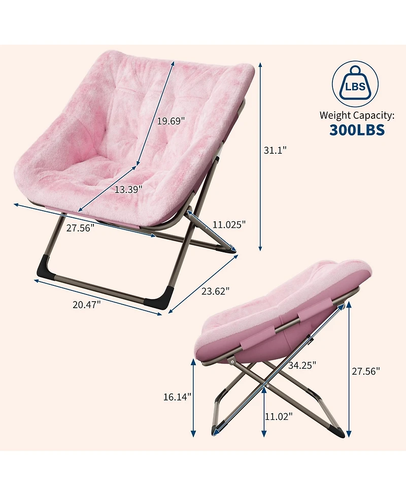 Folding Saucer Chairs Set of 2 Comfy Faux Fur Lazy Chair with Metal Frame 300 lb Capacity No Assembly Required for Bedroom Dorm Apartment