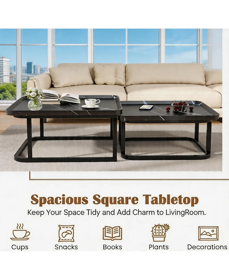 Set of 2 Black Nesting Coffee Tables, Mid-Century Modern Square Stackable Side Tables