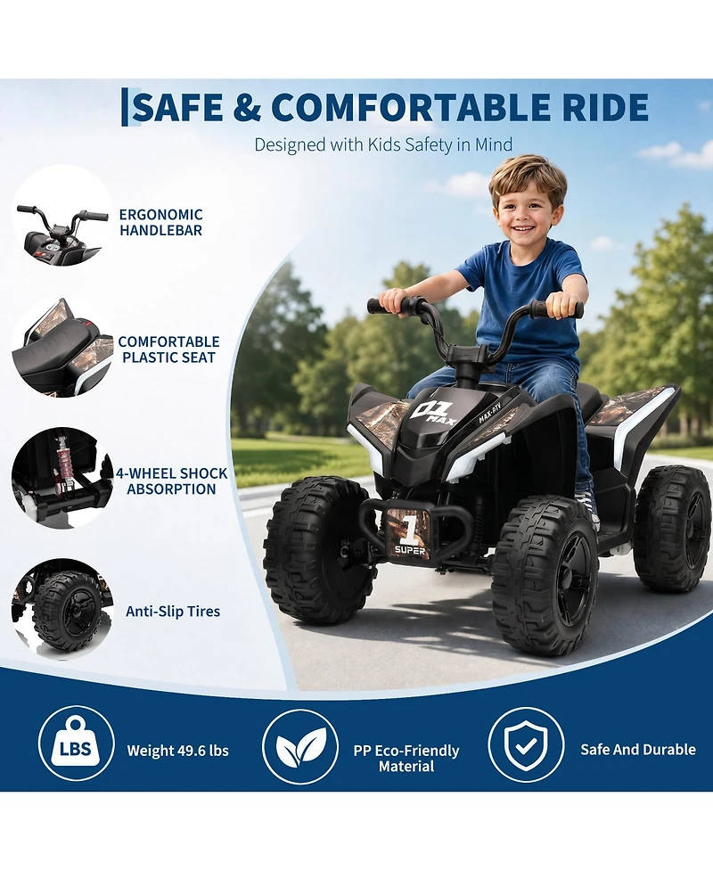 12V Kids Ride On Atv Quad, Battery Powered 4-Wheel Off Road Vehicle with Dual Motors for Outdoor Fun, Blue/Red/Yellow/Rose/Green/Camo/White, Ages 3-6