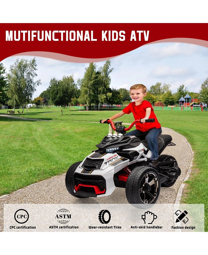 Single Seat 12V Kids Ride On Atv Toy Ages 3-6, Battery Powered 3-Wheel Quad with Leather Seat, Backyard Driving, White