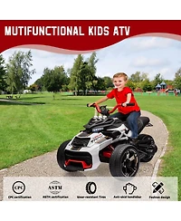 Single Seat 12V Kids Ride On Atv Toy Ages 3-6, Battery Powered 3-Wheel Quad with Leather Seat, Backyard Driving, White