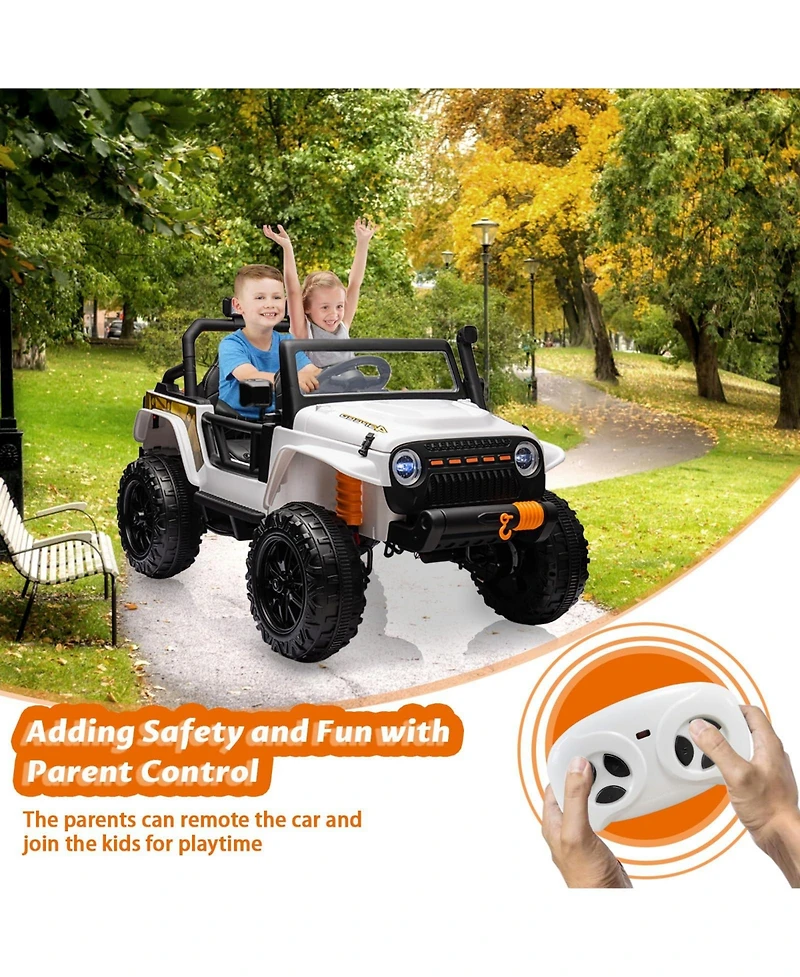 24V Two-Seat Electric Ride-On Truck, Four 45W Motors, Switchable 4WD/2WD, Remote Control, Led Headlights, Audio Player, Cushioned Seats for Children
