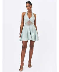 Miss Circle Women's Rianna Light Sage Crinkle Satin Halter Mini Dress