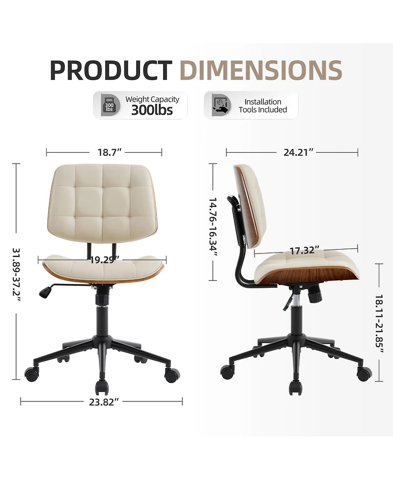 Home Office Armless Desk Chair with Wheels | Modern Adjustable Back, 360 Swivel, Adjustable Seat Height, for Office, Reading Meeting Room