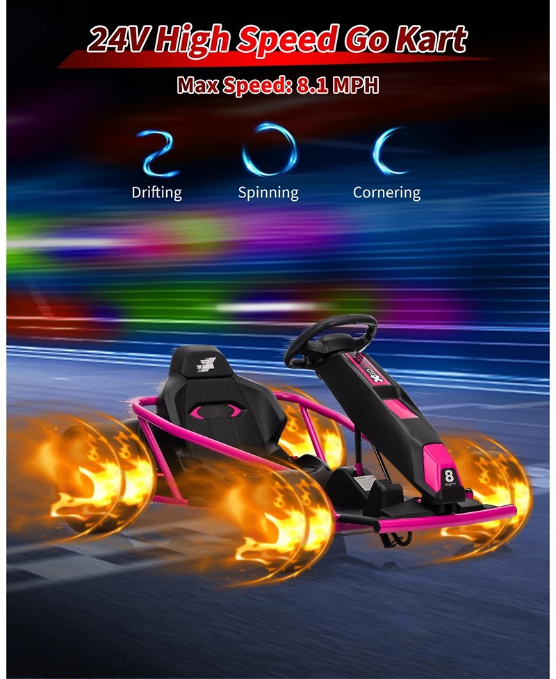43 Inch 24V Kids Ride On Drift Go Kart, Electric Drift Racing Kart with 10 mph and Music, Brown/Rose Red/Green/Blue/Red/White, Ages 8-12