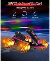 43 Inch 24V Kids Ride On Drift Go Kart, Electric Drift Racing Kart with 10 mph and Music, Brown/Rose Red/Green/Blue/Red/White, Ages 8-12