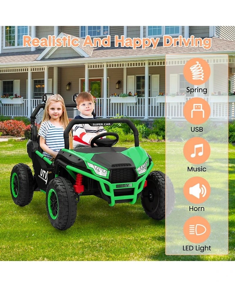 24V Dual Seat Kids Ride On Utv Utility Vehicle, 4WD Battery Powered Off Road Car with Metal Frame for Outdoor Fun, Green, Ages 3-6