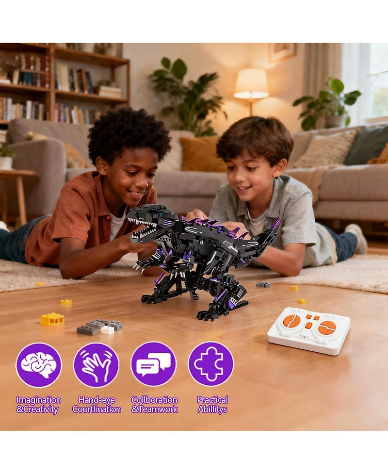 5-in-1 Remote Control Dinosaur Building Blocks Toy Ages 6+, Programmable Rc Robot Kit for Kids, Indoor Outdoor Play, Purple