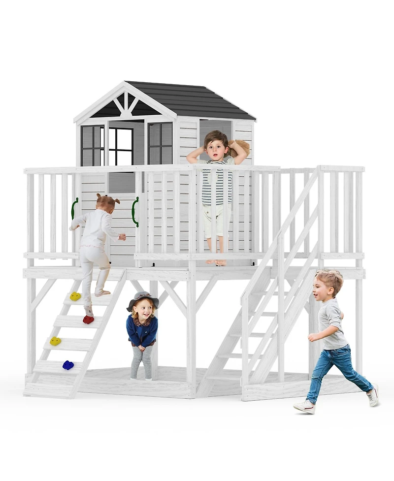 Kids Wooden Play Castle with Climbing Wall and Slide, Outdoor Backyard Sandbox Playset with Stairs for Fun Play, White, Ages 3-8