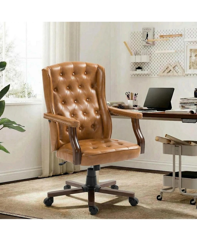 Mid-Century Faux Leather Wingback Office Chair, Tufted and Adjustable Height, Brown