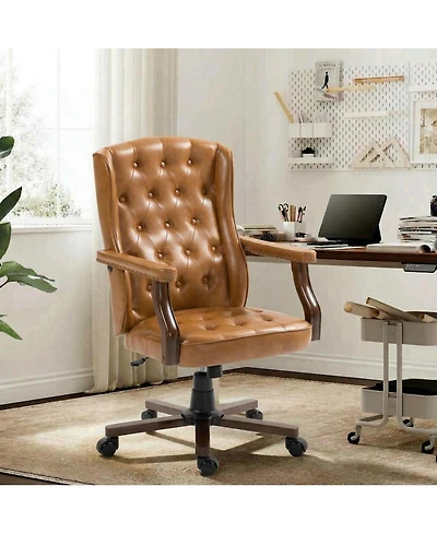 Mid-Century Faux Leather Wingback Office Chair, Tufted and Adjustable Height, Brown
