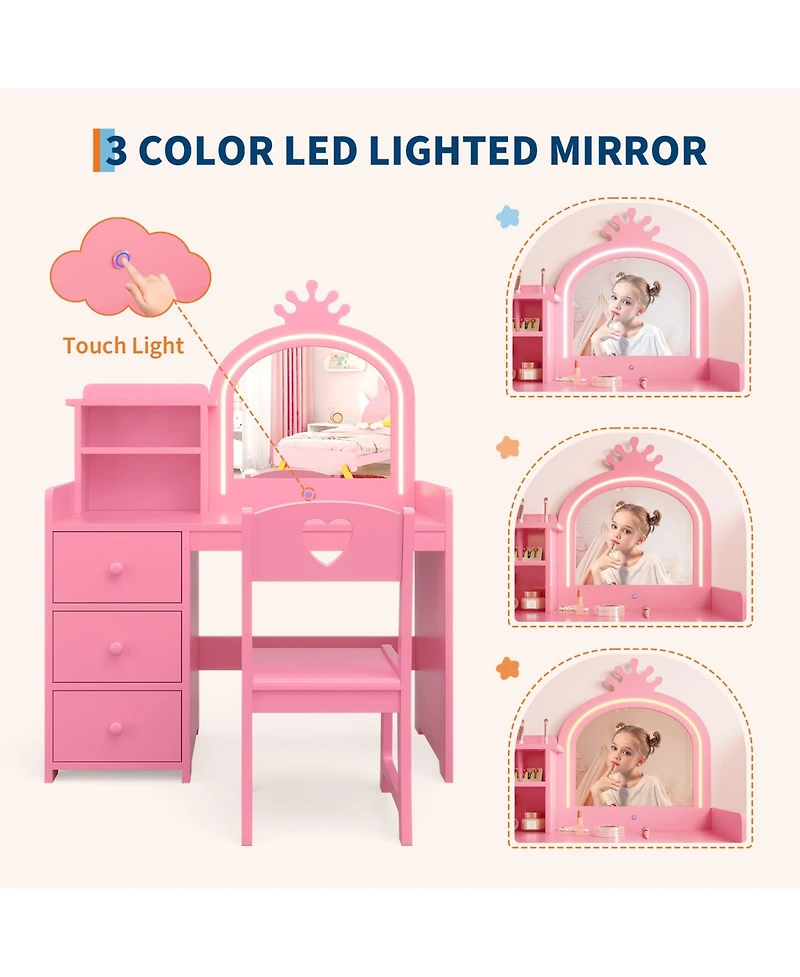 Girls Kids Vanity Desk with Mirror and Lights, Wooden Makeup Vanity Set with Chair, Storage Shelves and Drawers, Princess Dressing Table for Bedroom