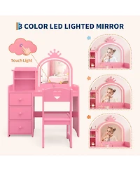 Girls Kids Vanity Desk with Mirror and Lights, Wooden Makeup Vanity Set with Chair, Storage Shelves and Drawers, Princess Dressing Table for Bedroom