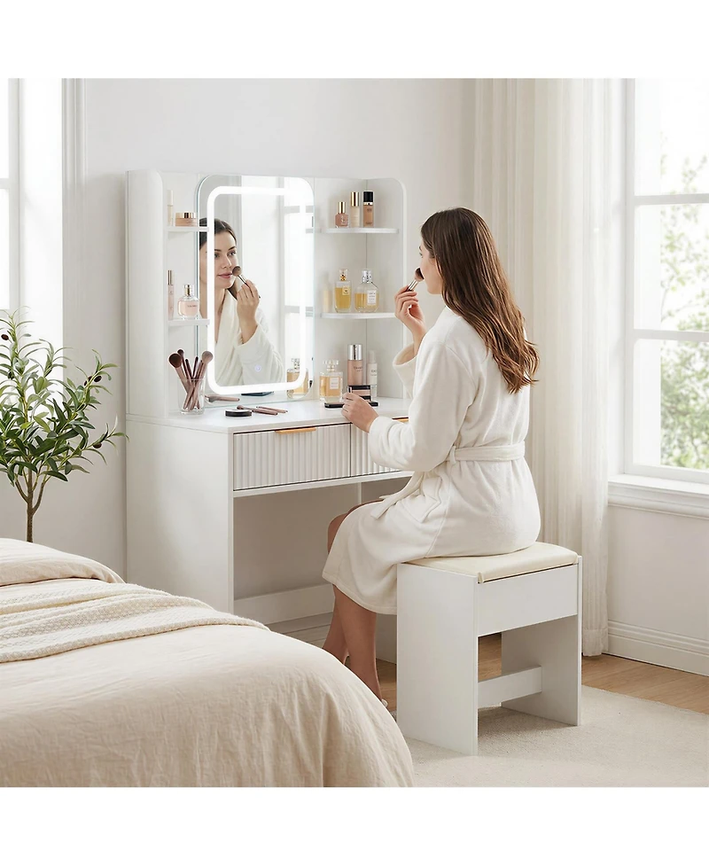 Compact Lighted Vanity Desk with Mirror, Led Lighting and Matching Stool, Built-In Charging Station and Jewelry Storage, Dressing Table for Bedroom