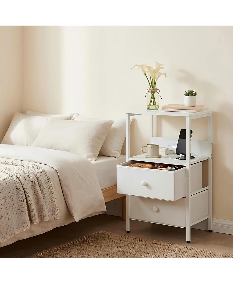 16 x 12 x 24 in Nightstand with 2 Drawers and Shelf, Engineered Wood Metal Frame Bedside Table for Bedroom Living Room, White