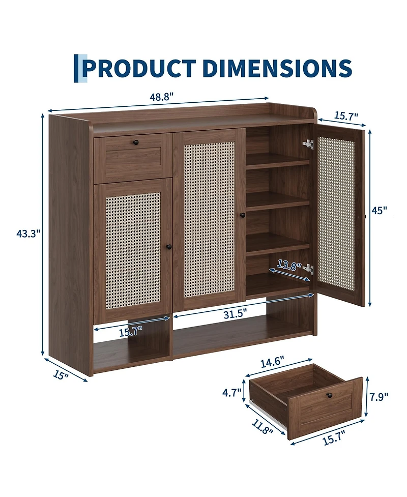 48.8x15.0x43.3in 3 Door 1 Drawer Shoe Cabinet with Rattan Details, Engineered Wood Entryway Storage for Hallway Bedroom, Light/Dark Brown