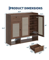 48.8x15.0x43.3in 3 Door 1 Drawer Shoe Cabinet with Rattan Details, Engineered Wood Entryway Storage for Hallway Bedroom, Light/Dark Brown