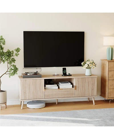Modern Fluted Tv Stand for TVs Up to 65", Wood Grain Media Console with Outlet, Adjustable Shelf, Drawer, Entertainment Center for Living Room