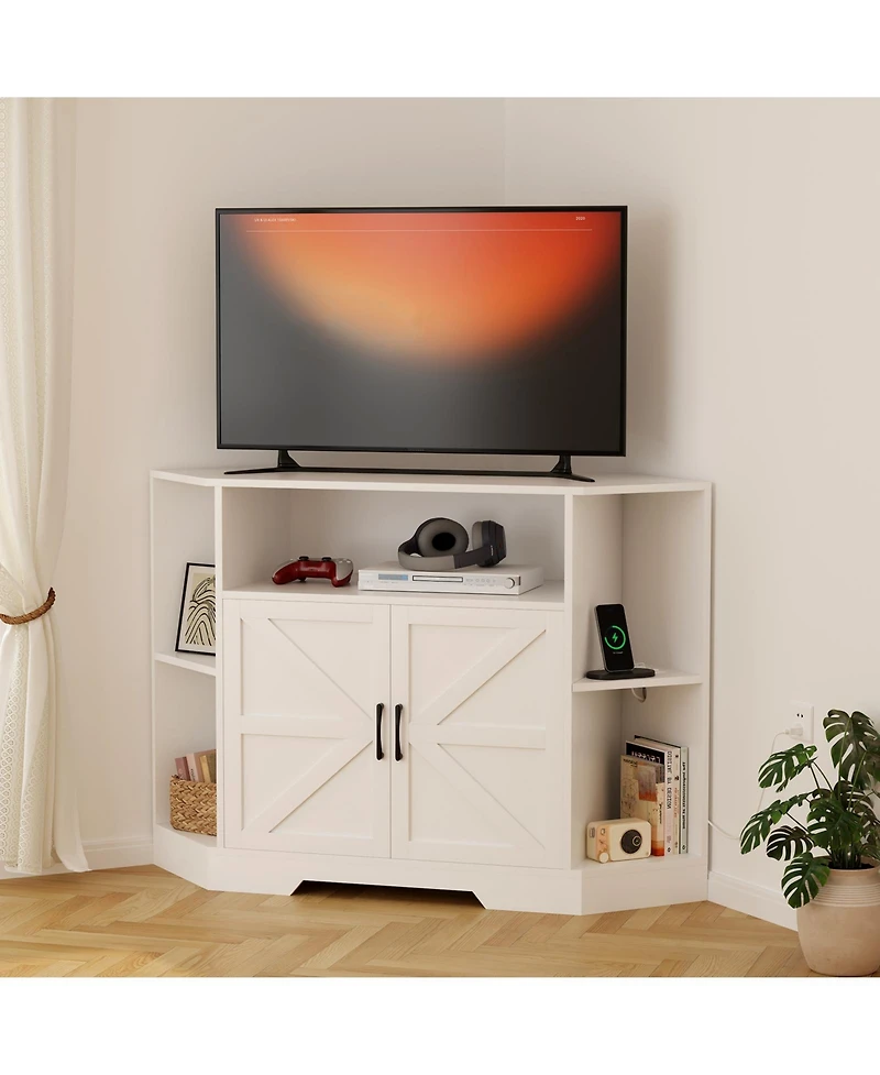Corner Tv Stand for 55 Inch TVs with Outlet and Barn Doors, Farmhouse Entertainment Center with Adjustable Shelf, Cabinets for Living Room