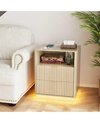 Set of 2 Wood Color Mid-Century Fluted Nightstands with Charging and Led, 2 Drawers, 20"W x 15.7"D x 24"H