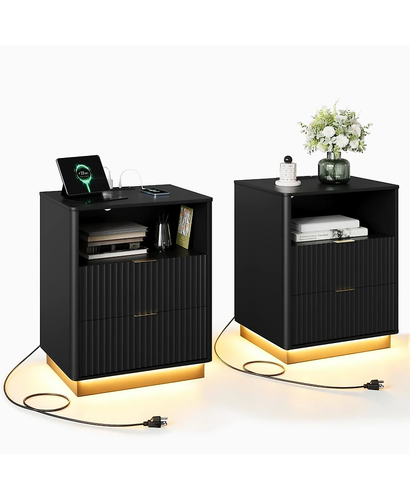 Set of 2 Black Mid-Century Fluted Nightstands with Charging and Led, 2 Drawers, 20"W x 15.7"D x 24"H
