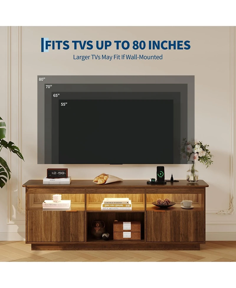 70"Mid Century Modern Fluted Tv Stand with Storage, for TVs Up to 80", Power Outlet, Led Light, Wood Media Console for Living Room