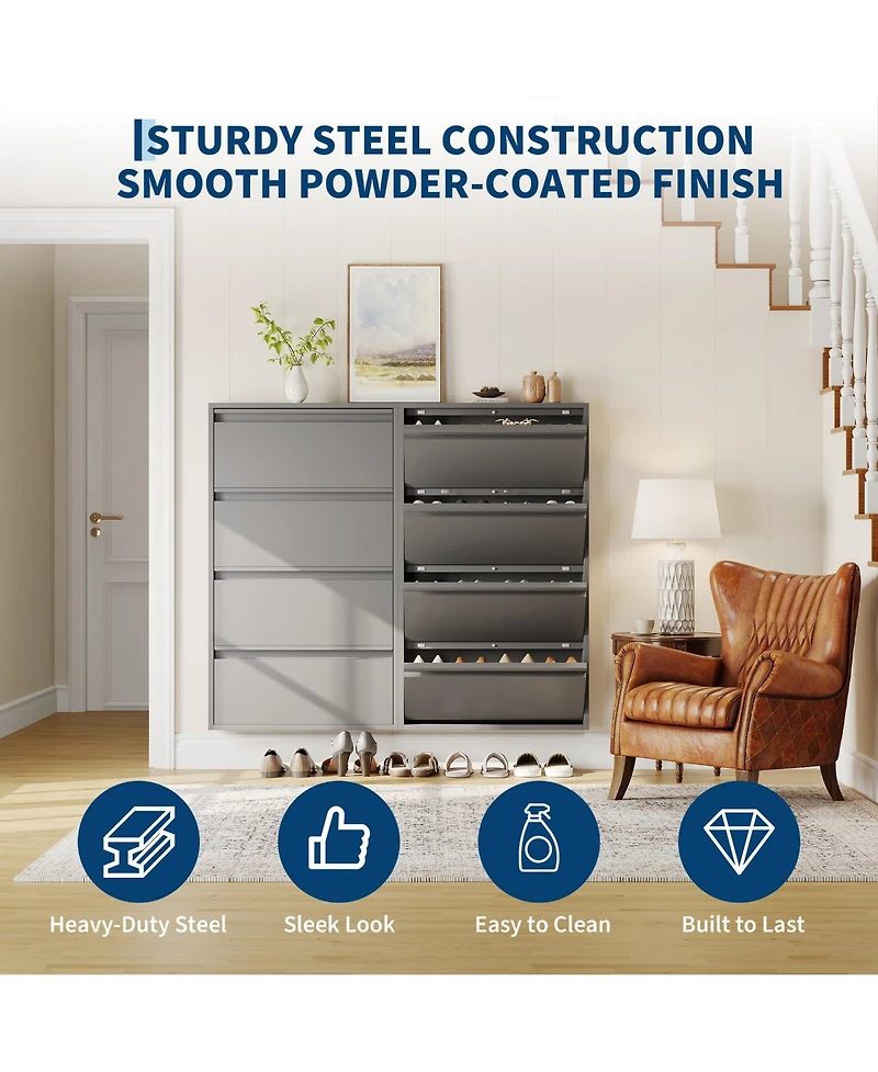 31.5x6x54 in 4-Tier Flip Shoe Cabinet, Metal Entryway Storage Organizer with Doors, Narrow Slim Design for Hallway Living Room, Grey/White