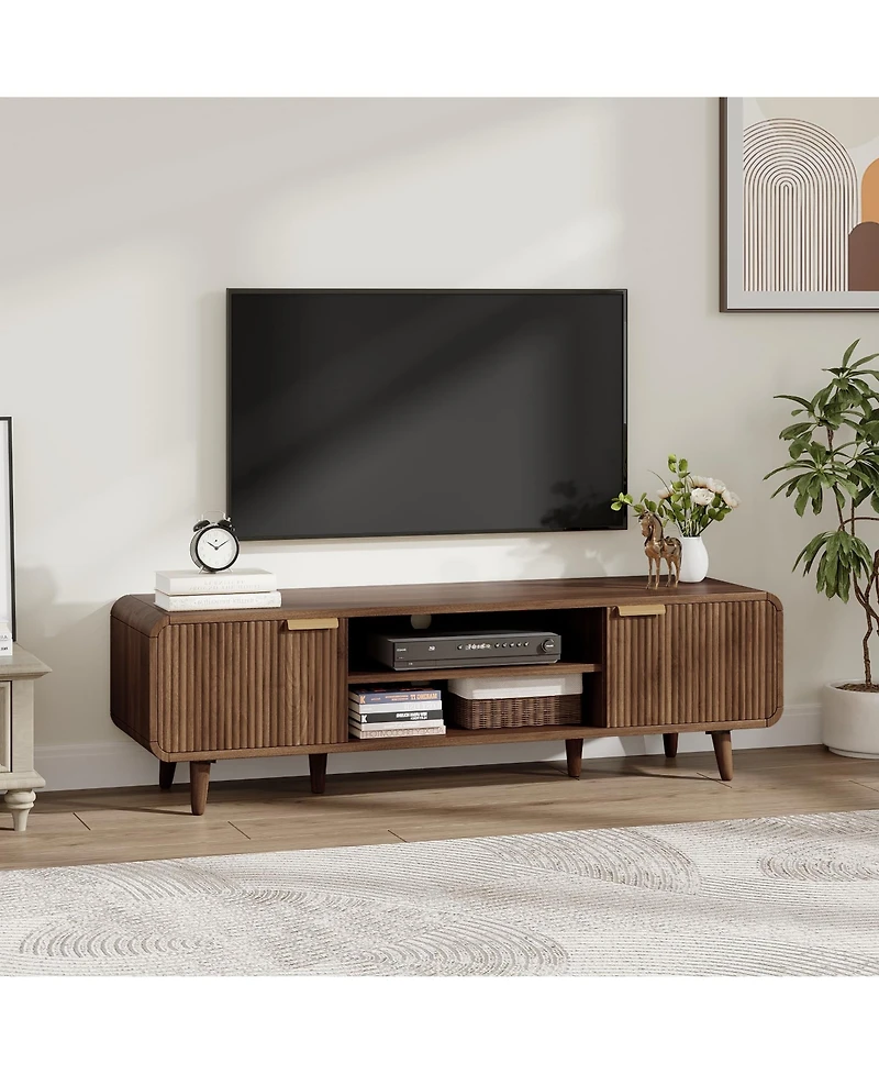 Mid-Century Media Console with Fluted Panel Doors, Adjustable Inner Shelves, Low Profile Tv Stand for TVs Up to 65 Inch for Living Room, Bedroom