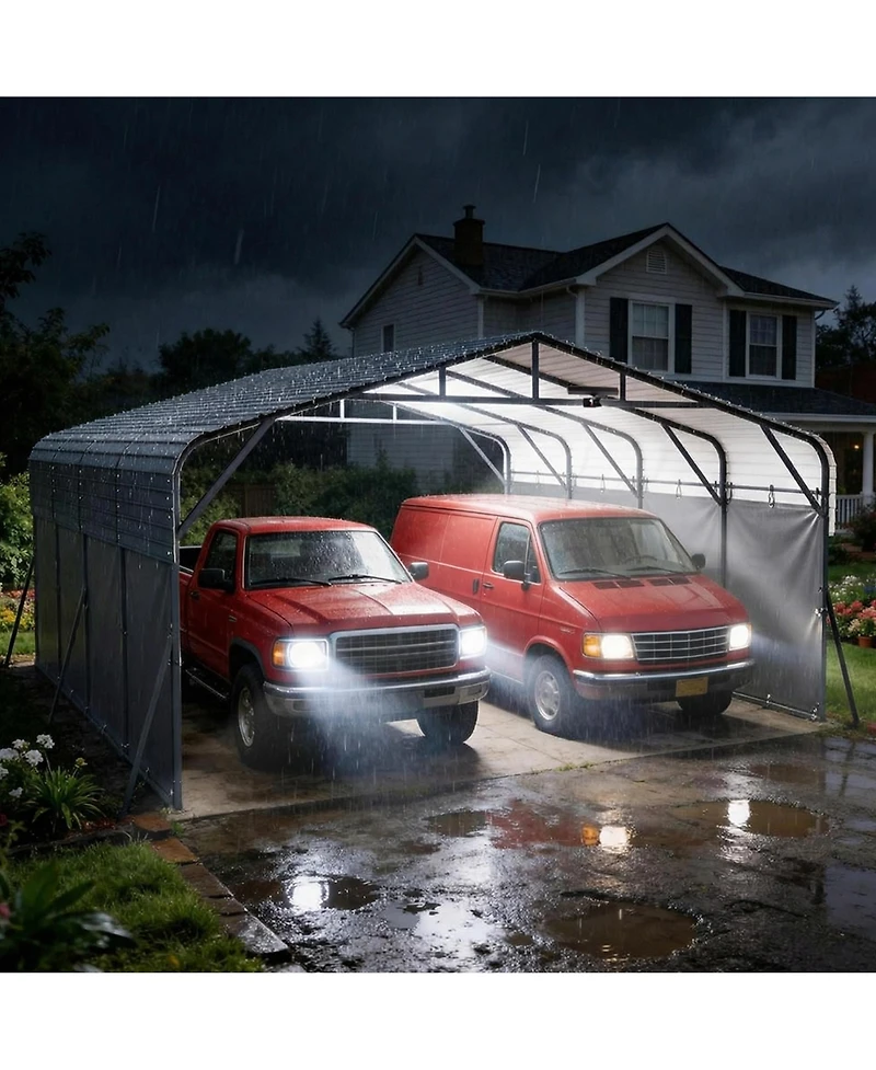 20' x 20' Hardtop Carport with Steel Roof and Solar Light, Heavy Duty Vehicle Shelter for Parking Patio Driveway, Dark Gray