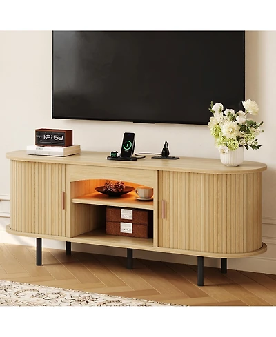 55"Fluted Tv Stand TVs Up to 65", Century Media Console Led Lights and Power Outlet, Center Storage, Sliding Door Adjustable Shelf for Living Room