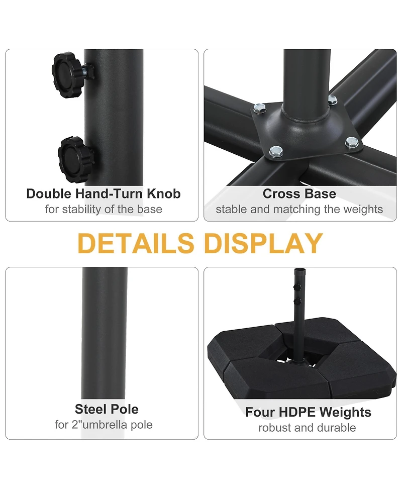 Outsunny 4-Piece Outdoor Patio Offset Umbrella Base Stand Weight Holder w/ Cross Base for Powerful Support, 158lbs Sand or 132lbs Water Filled, Black