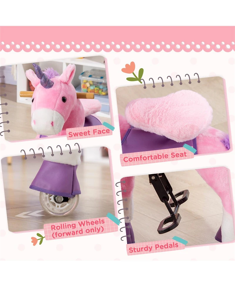 Yobtop Walking Plush Unicorn Ride-On Rocking Horse, 176 lbs Capacity, Ages 3+