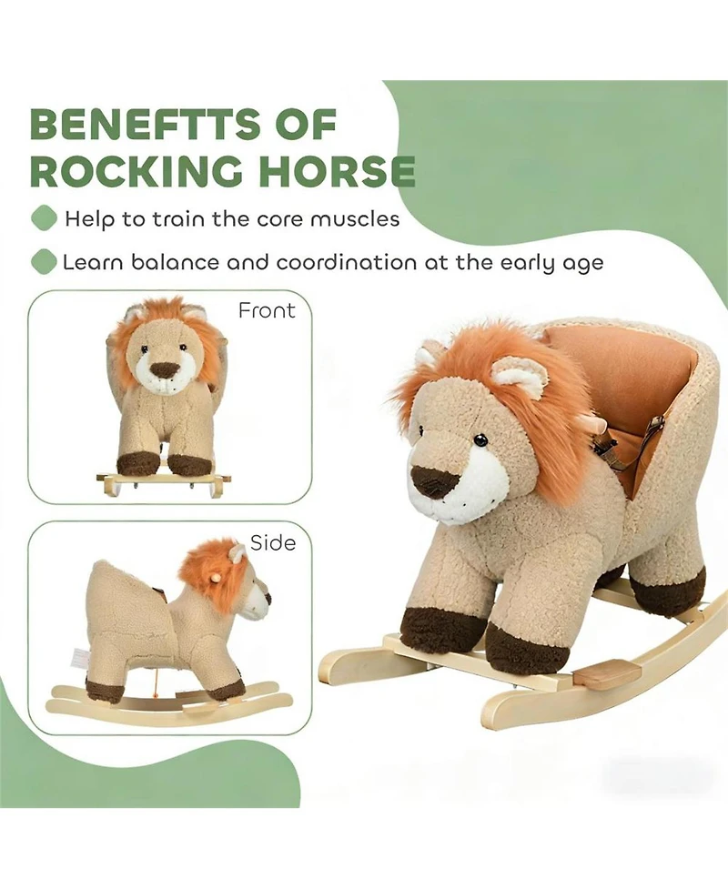 Yobtop Lion Wooden Plush Rocking Horse with Roaring Sound, Ages 3-4