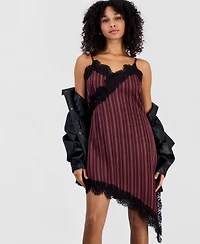 Bar Iii Women's Pinstripe V-Neck Lace-Trim Satin Dress, Macy's Exclusive