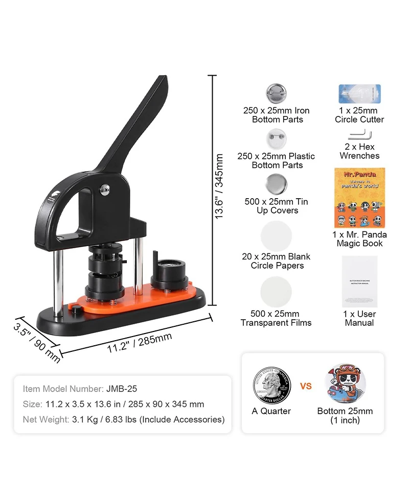 Yobtop Button Maker Machine 25mm Pin Press Kit with 500pcs Parts, Ergonomic Arc Handle, Diy Badge Maker for Kids
