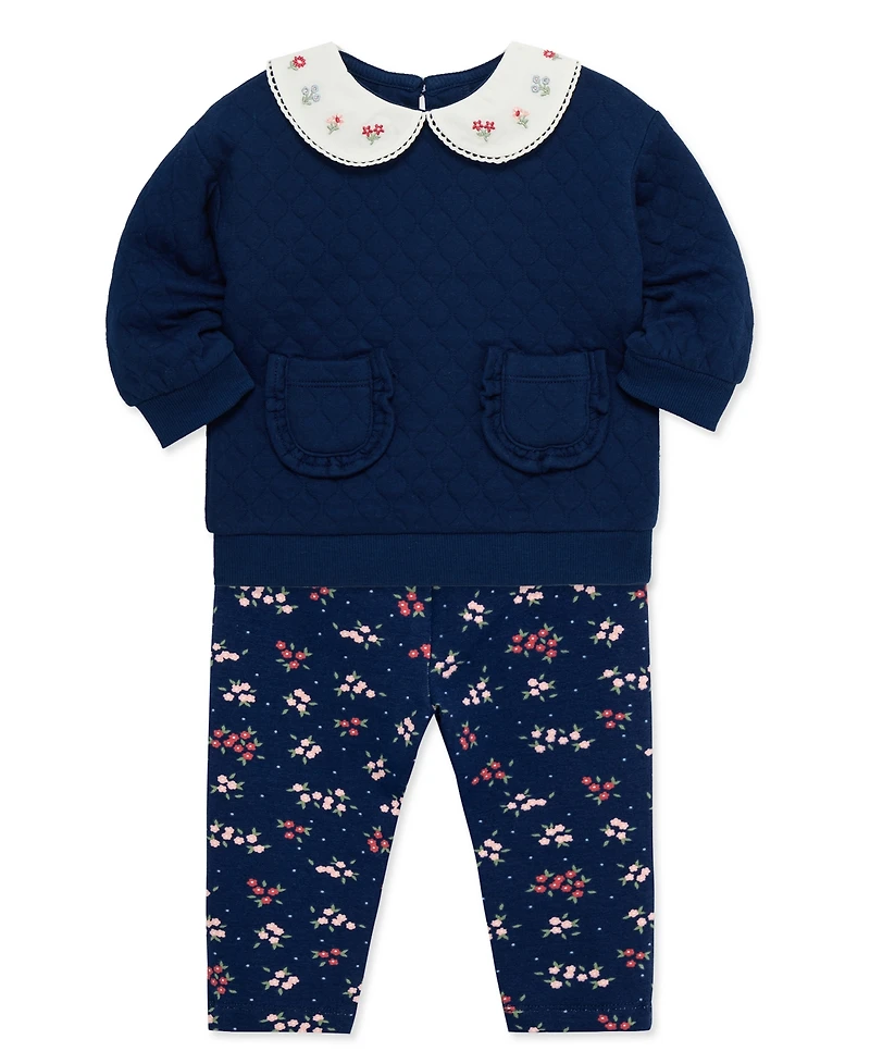 Little Me Baby Girls' White Collar Sweatshirt and Floral Leggings, 2-Piece Set