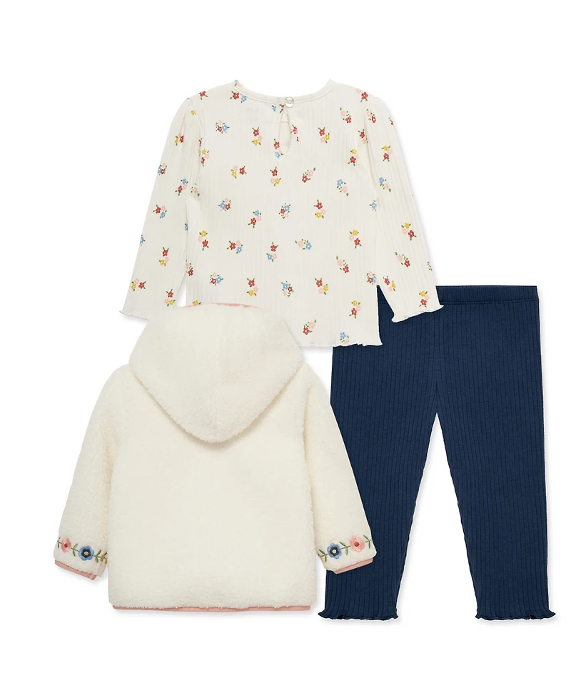 Little Me Baby Girls' Sherpa Jacket, Floral Print Top and Pants, 3-Piece Set