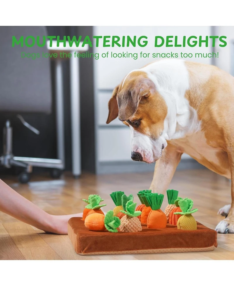 Nocciola 12 Pack Carrot Field Snuffle Dog Toys, Various-Fabric Squeaky Carrots with Hide and Seek Treat-Hiding Plush Mat