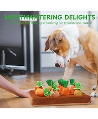 Nocciola 12 Pack Carrot Field Snuffle Dog Toys, Various-Fabric Squeaky Carrots with Hide and Seek Treat-Hiding Plush Mat