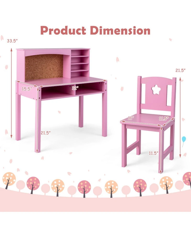 Gouun Kids Study Desk and Chair Set with Hutch Shelves and Cork Bulletin Board