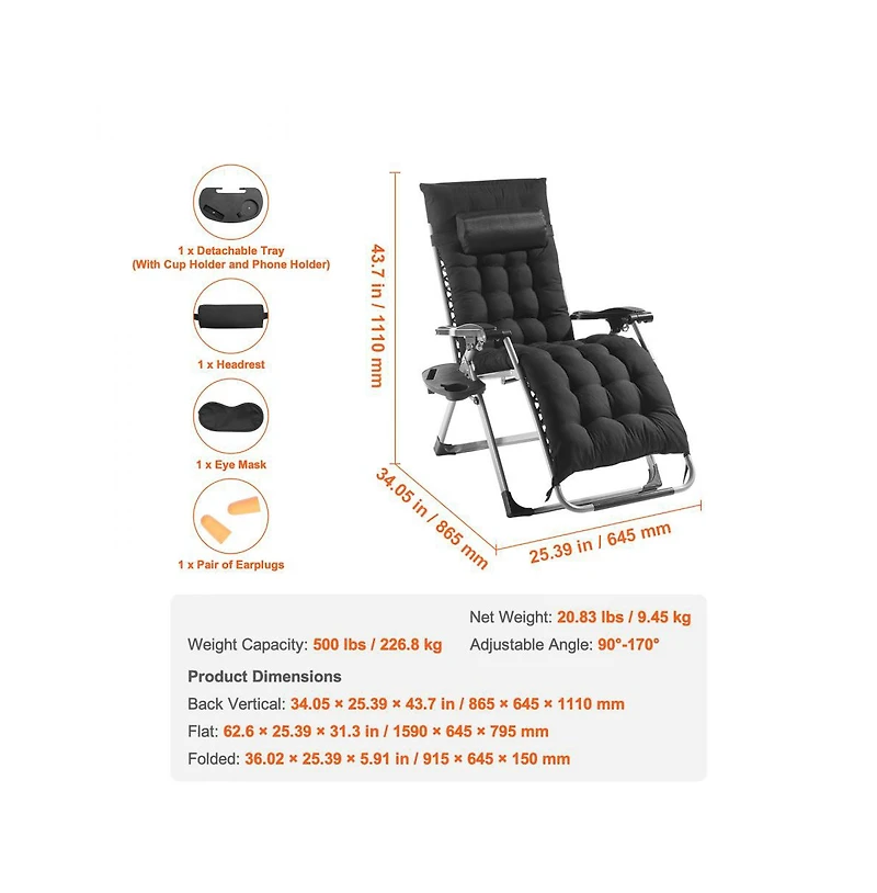 Slickblue 26in Zero Gravity Lounge Chair with Headrest Footrest and Cup Holder