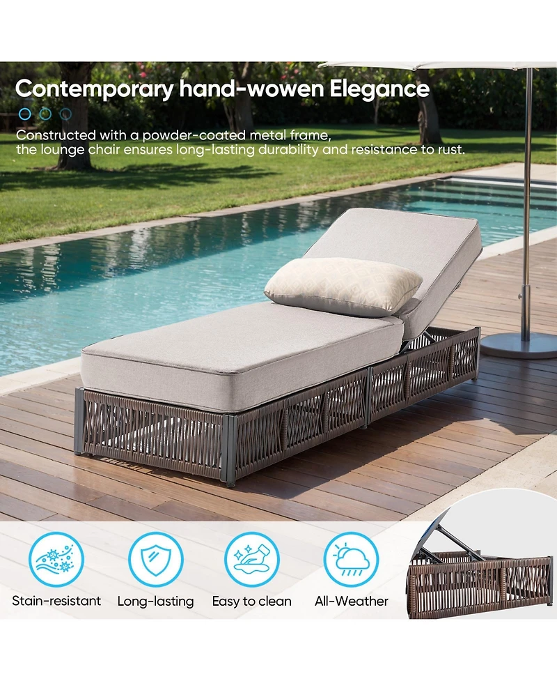 Pocassy Outdoor Reclining Chaise Lounge with 5inc Thick Cushion, All-Weather Wicker Patio Chair Pillow