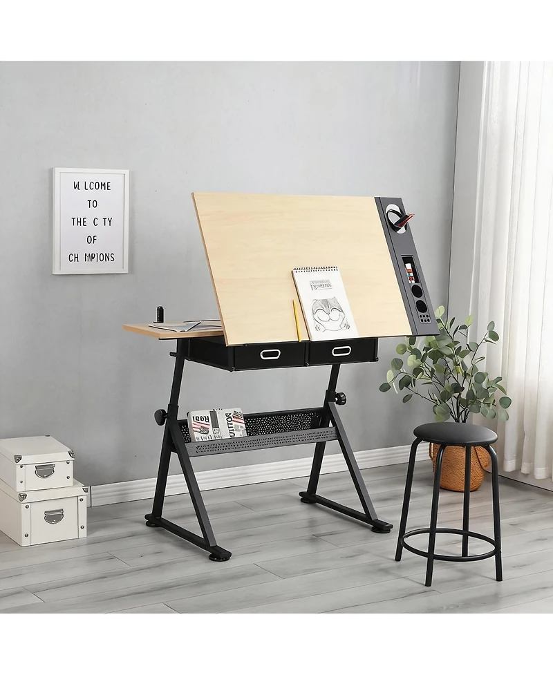gaomon Professional Height Adjustable Drafting Table with Stool, Tilting Artist Drawing Desk with 2 Drawers, 0-75degree(s) Angle Art Workstation